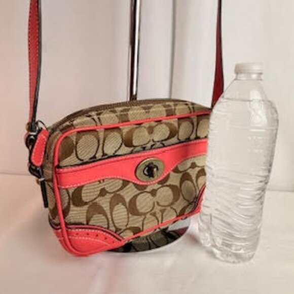 Coach Signature Canvas Leather Crossbody Bag Y2K Khaki Raspberry Red Trim 10568 - Picture 4 of 11